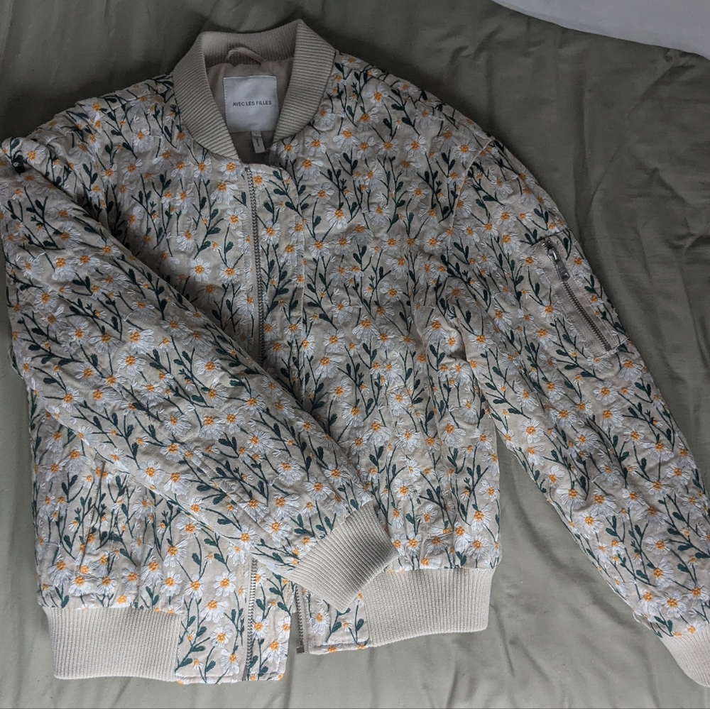Anthropologie Embroidered Daisy Bomber Jacket